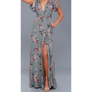 Lulus Fiorire Slate Blue Floral Print Wrap Maxi Size Large